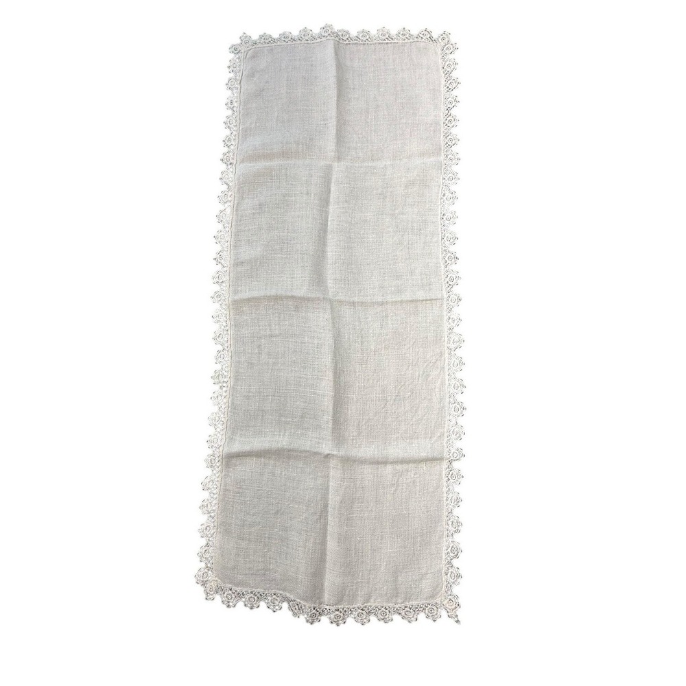Vtg‎ Linen Dresser Crochet Lace Edge Cottage Shabby Grandma Scarf Vanity Runner